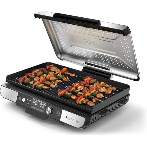 Ninja Sizzle Pro XL Indoor-Grill & Plancha, inklusive Grillplatte & oberer Plancha mit Antihaft-Keramikbeschichtung, abnehmbarem Deckel, Fettauffangschale & Rezeptheft, Silber/Schwarz GX101EU
