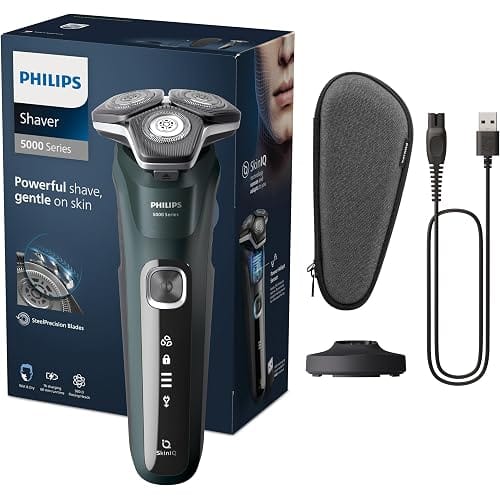 Philips Shaver Series 5000 – Elektrischer Nass- und Trockenrasierer, Rasierer für Herren, mit ausklappbarem Trimmer, Ladestation & Reiseetui (Model S5884/35)